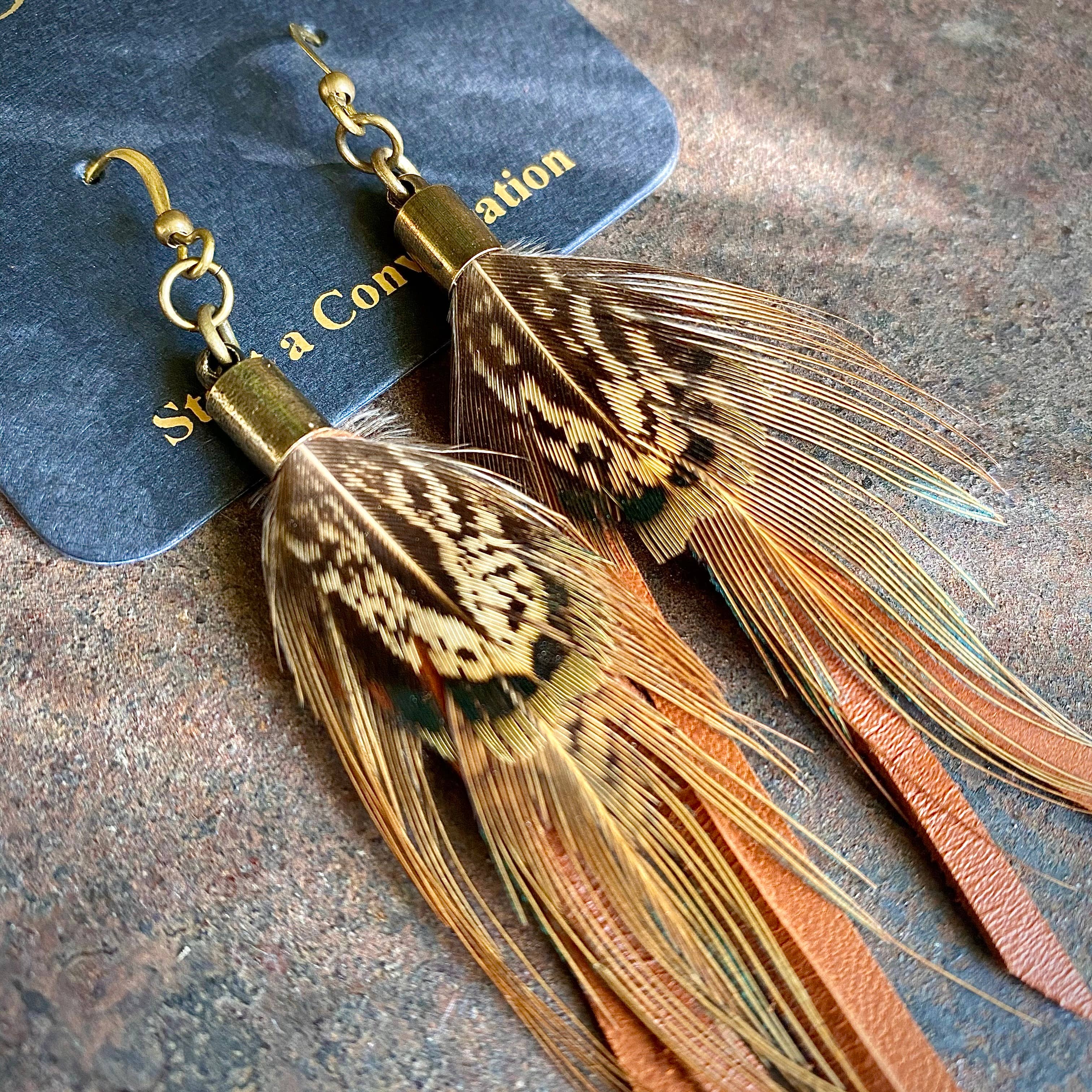 ASTALI – wholesale Tassel earrings – Feather Mini Earrings - Rust Leather & Pheasant Feathers3