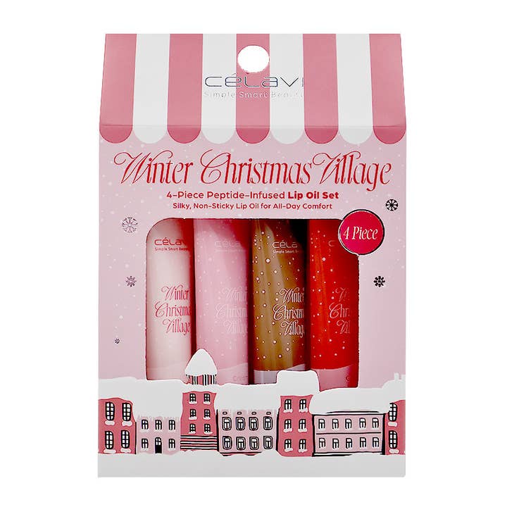PINEAPPLE Beauty - Wholesale Lip Gloss - Celavi 46327H Winter Christmas Village 4pc Lip Oil Set - 12 1