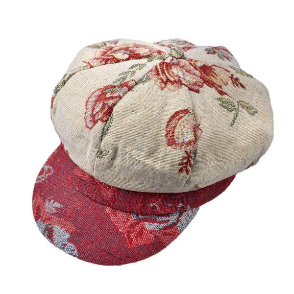 Proppa Toppa Hats - Vente Casquette gavroche – femme - Casquette Baker Boy en Brocart Floral Crème et Rouge pour Femme3