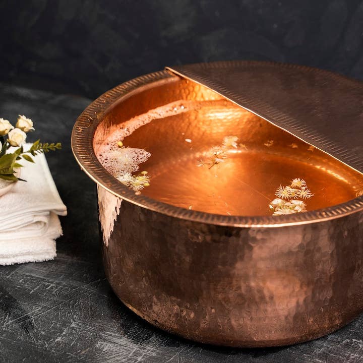 ANATOLIACRAFT – Großhandel Badewasser/-milch – Fußbad aus massivem Kupfer mit abnehmbarer Fußstütze | Fußbeckenwärmeschale aus Kupfer | Massage-Spa-Therapie-Pediküre-Schale aus Kupfer