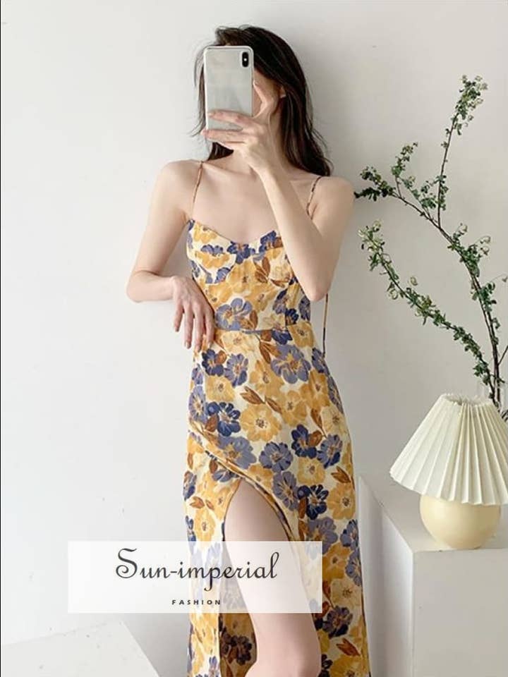 Cream With Yellow & Blue Flower Print Side Split Midi for wholesale by Sun Imperial