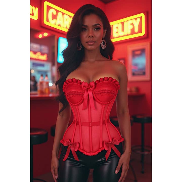 Top Drawer Steel Boned Red Mesh Underwire Bustier Corset for wholesale by Daisy Corsets