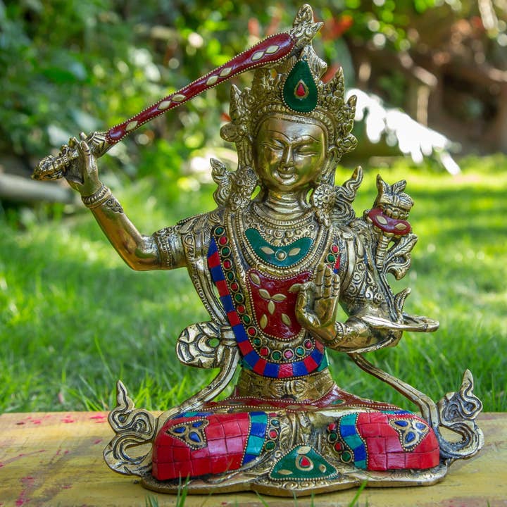 Estátua de Bronze de Buda Manjushri com Incrustações de Pedra por atacado de Art Of Tibet