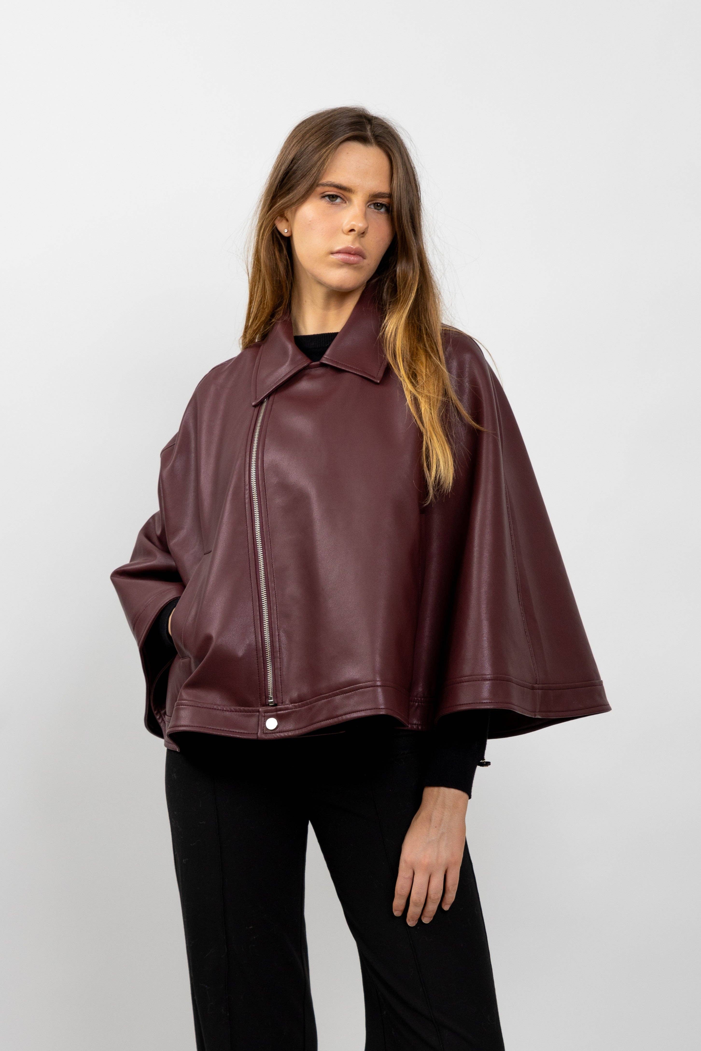 bordeaux FAUX LEATHER CAPE for wholesale on Faire