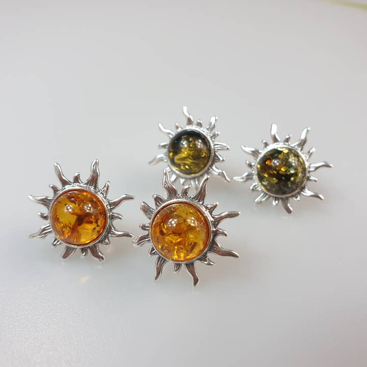 AmberLithuania - Wholesale Stud/post earrings - Sun stud earring Silver studs Gemstone Posts Flaming sun sil5