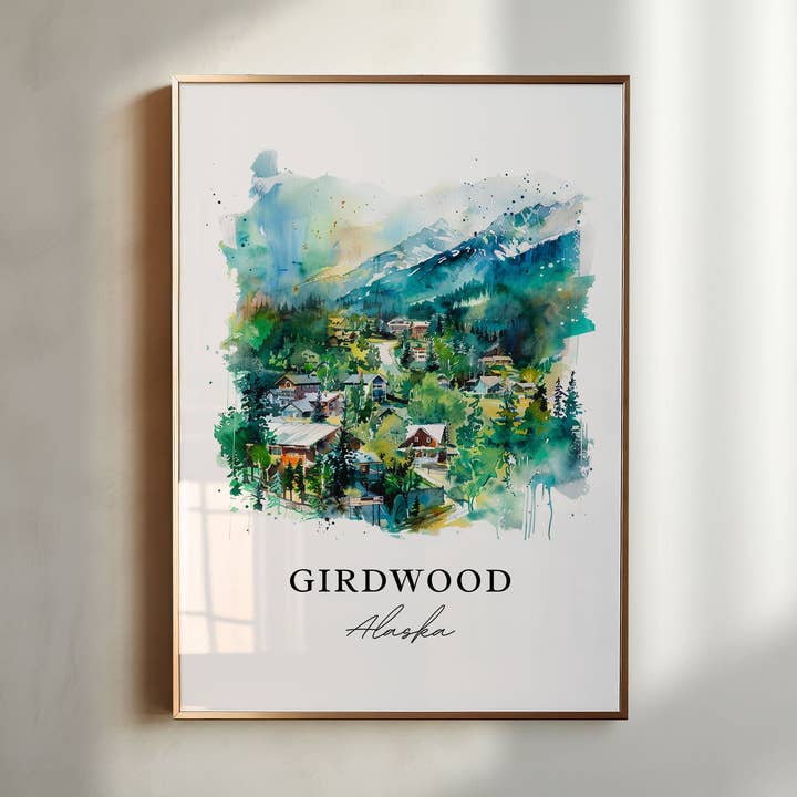 Girdwood Alaska Wall Art, Girdwood Print, Anchorage AK Watercolor, Girdwood Alaska Gift, for wholesale by Premium Travel Art