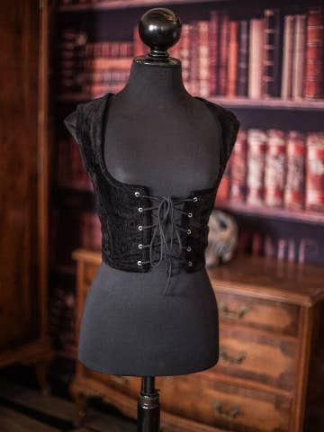 Corset en velours noir, tissu tapisserie gothique victorien pour la vente par Costurero Real