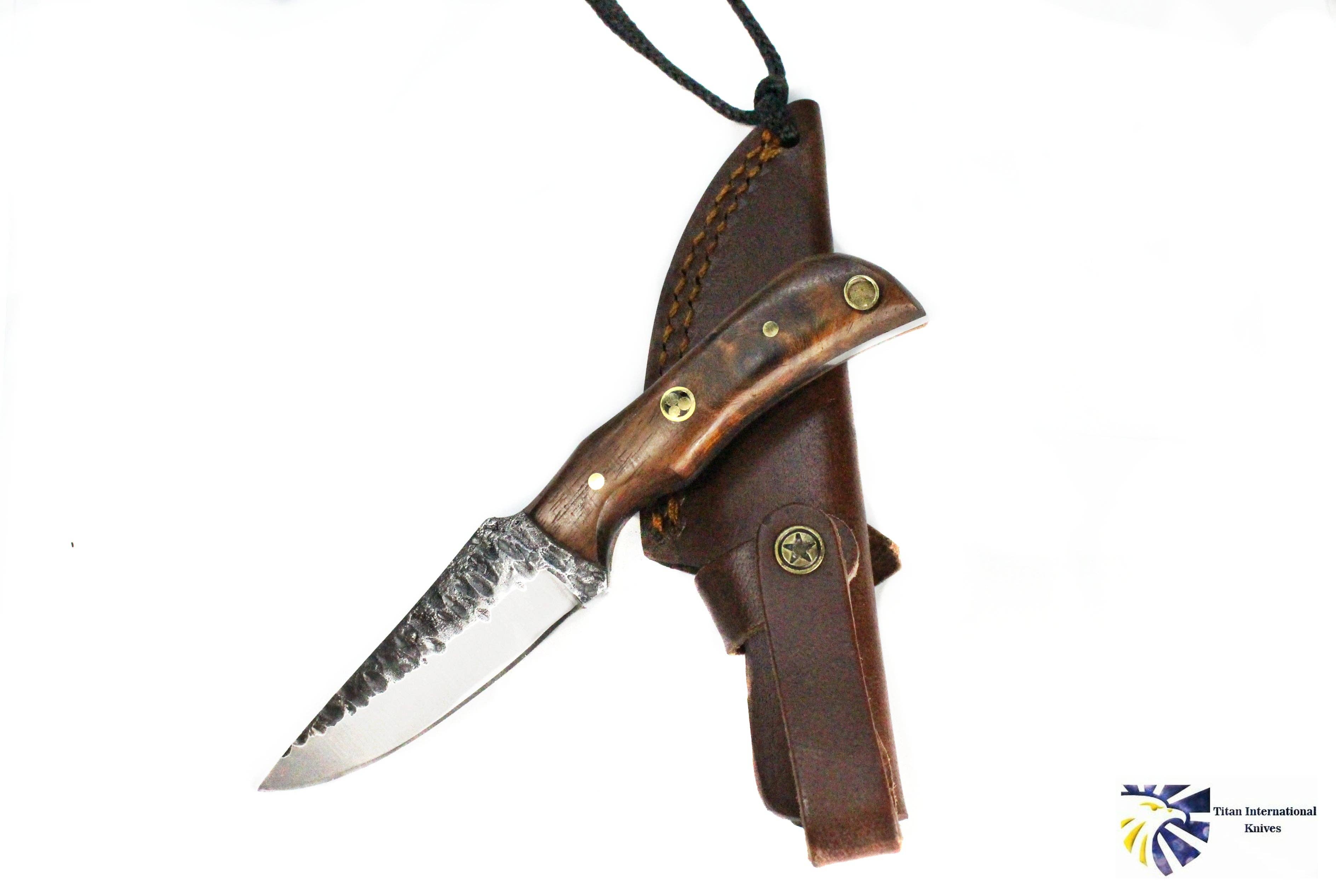 Titan International - Wholesale Pocket Knife/Holder - E3 Carbon 1080 neck knife with forged scales, MINI /ROSEWOOD2