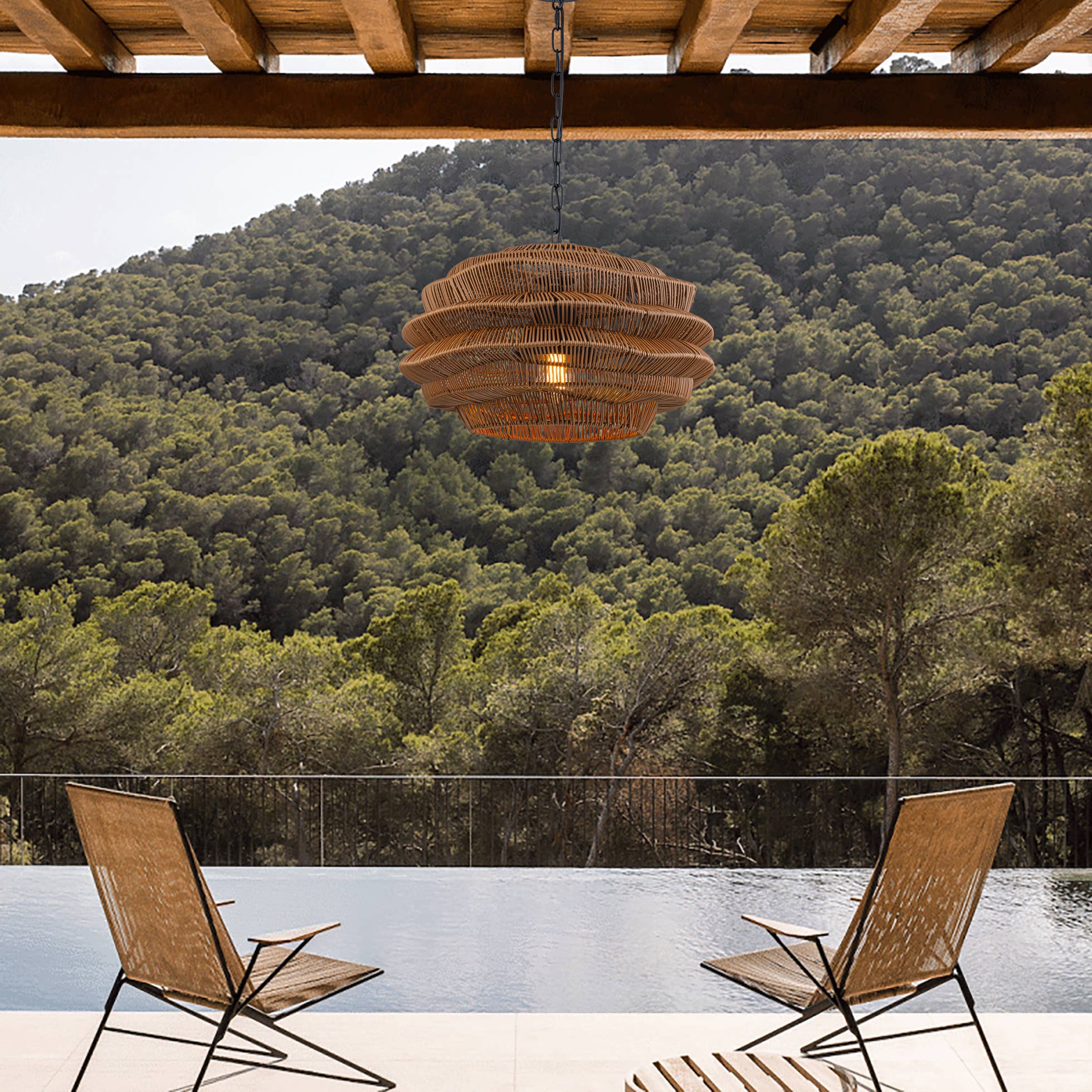 ELE Light & Decor - Vente Lustre/Suspension - Suspension en rotin côtier d'extérieur à 1 lumière avec abat-jour marron7