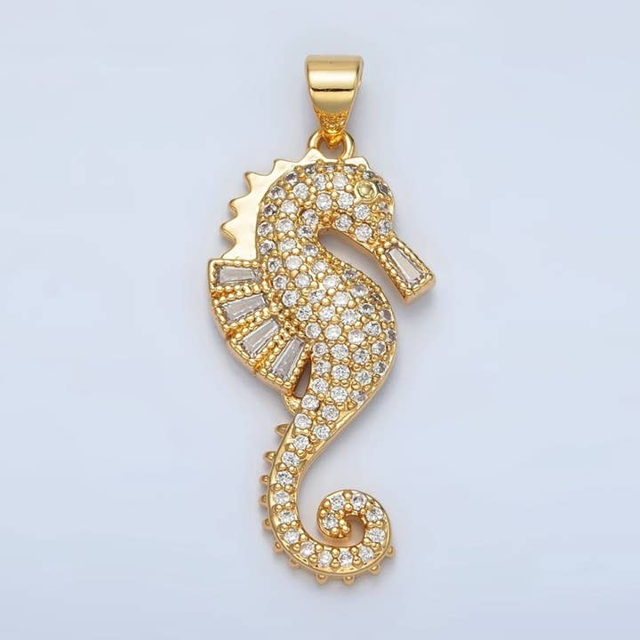 24K Gold Filled Baguette Micro Paved CZ Sea Horse Ocean Animal Pendant | I-283 for wholesale by Aim Eternal