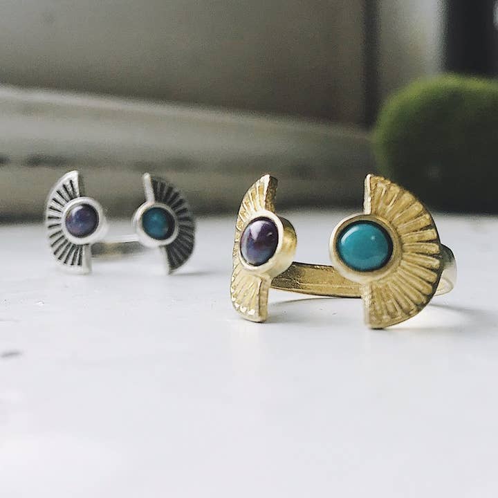 Dawn to Dusk Two Stone Turquoise Ring for wholesale by Yugen Handmade