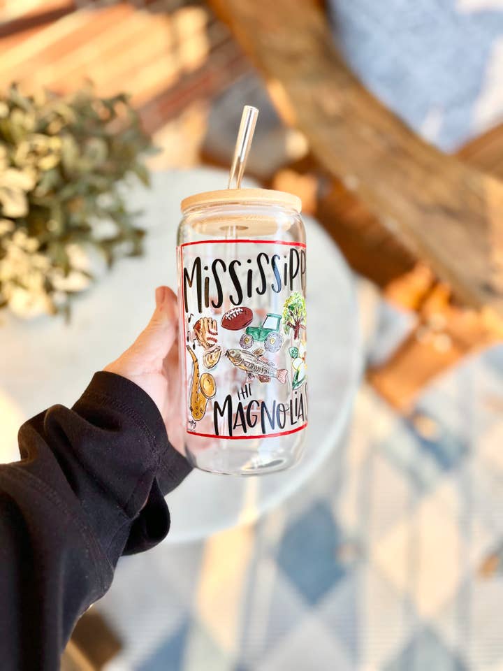 16 oz State of Mississippi Glassware with Bamboo Lid and Glass Straw for wholesale by Happy By Rachel, LLC