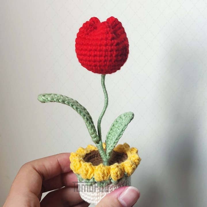 Handmade Crochet Mini Tulip Pot, Knitted Flower, Home Decor for wholesale by TOMOPOD LLC