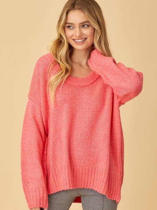 Rose Corail Pull en tricot - Encolure ronde en vente sur Faire0