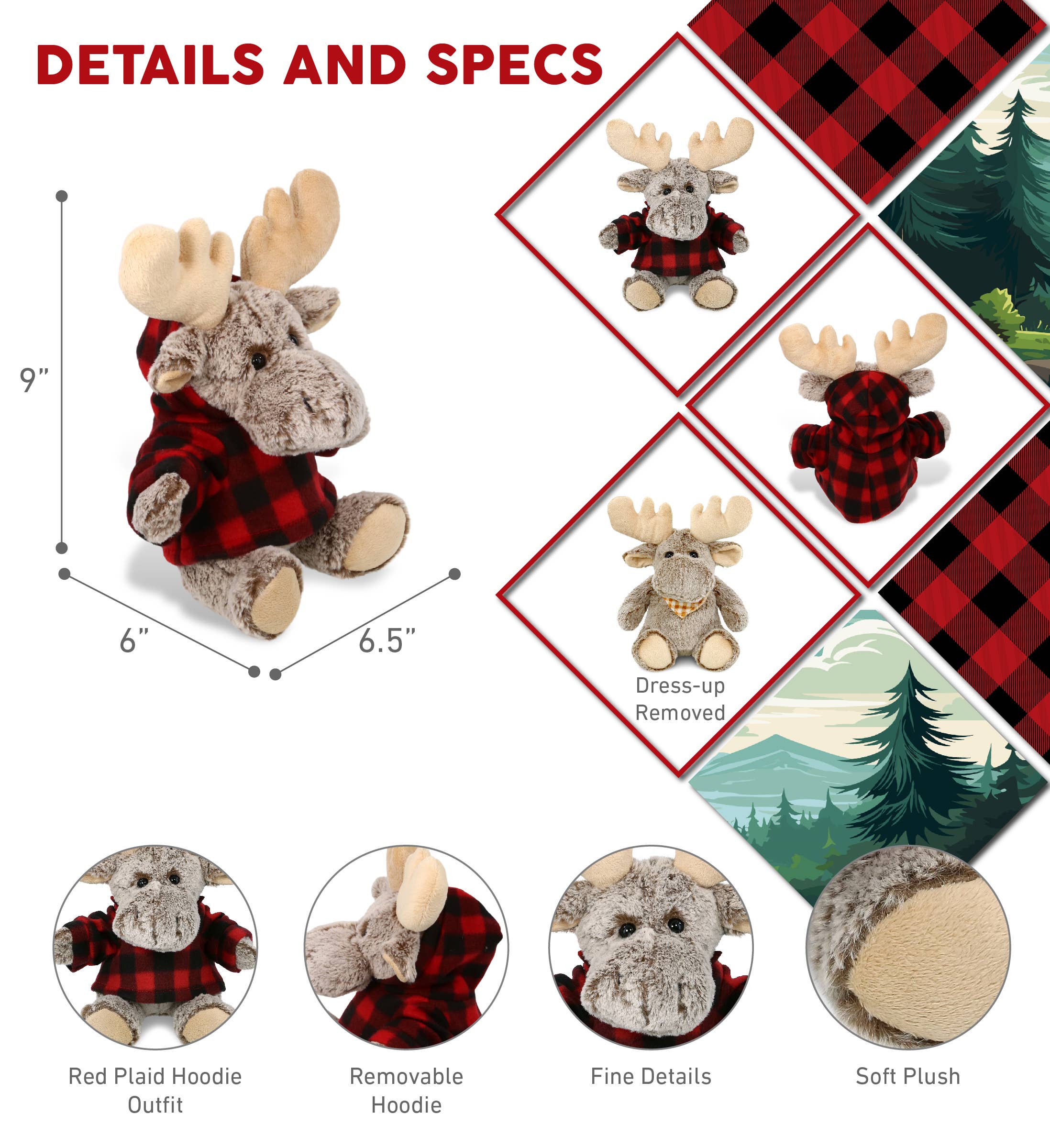 Cota Global - Wholesale Stuffed/Plush Toy - Kids & Baby - Plush Red Plaid Hoodie - Super-Soft Plush - Sitting Moose2