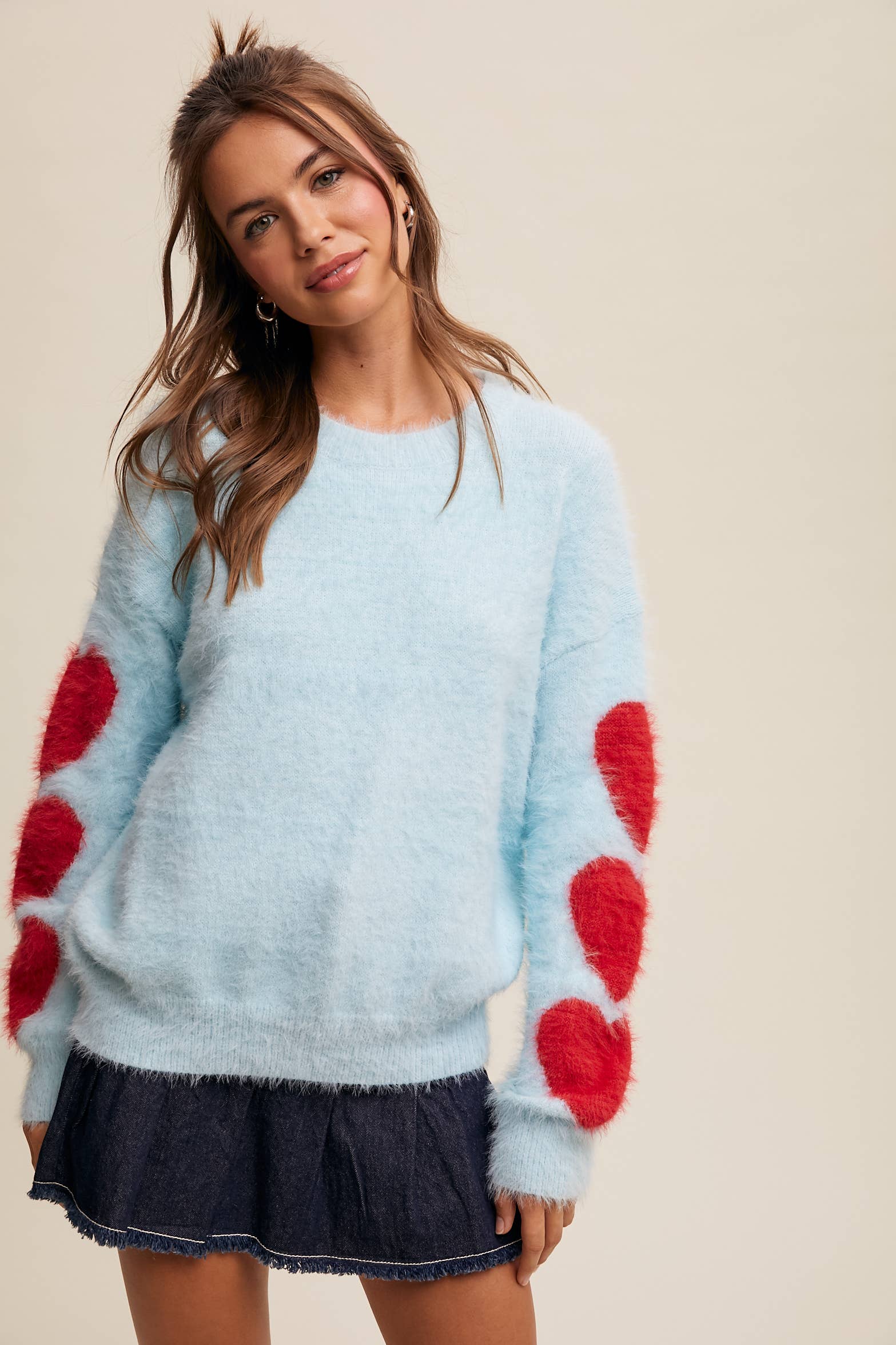 Listicle - Wholesale Knit Sweater - Women's - Fuzzy Heart-Sleeve Pullover Sweater LSW087215
