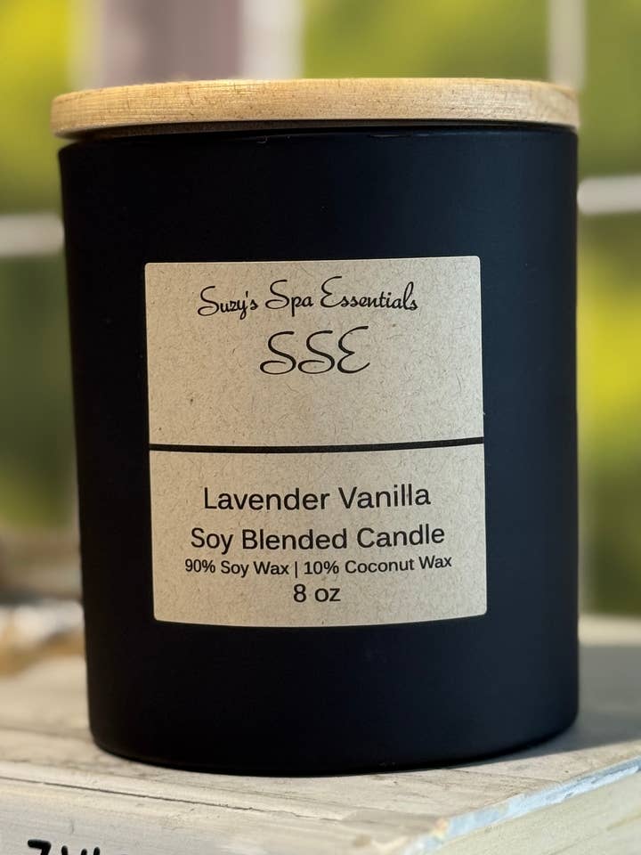 Lavender Vanilla, 8 oz Soy Blend Candle,Matte Black Jar for wholesale by Suzy Spa Essentials