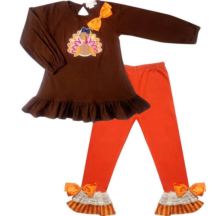Set di leggings a tunica con tacchino, per bambina, per bambina, per il Ringraziamento, colore: marrone e arancione per la vendita all'ingrosso da parte di Angeline Kids