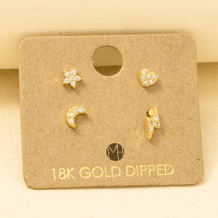 Gold Dipped Mini Star Lightning Heart Moon Stud Earrings Set for wholesale by Anarchy Street