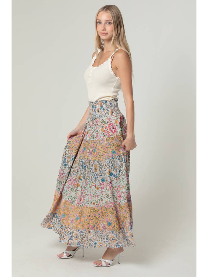 ANGIE - Wholesale Skirt - Women's - 26P57-WA34 MIXED PRINT TIERED MAXI SKIRT