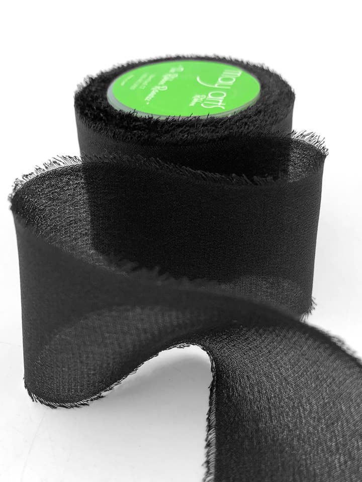 1.25" Black 100% Silk Crepe with Frayed Edge Ribbon for wholesale by May Arts Ribbon
