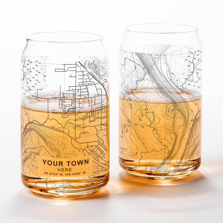 Custom Town and City Topographic Map Pint Glasses for wholesale by Black Lantern