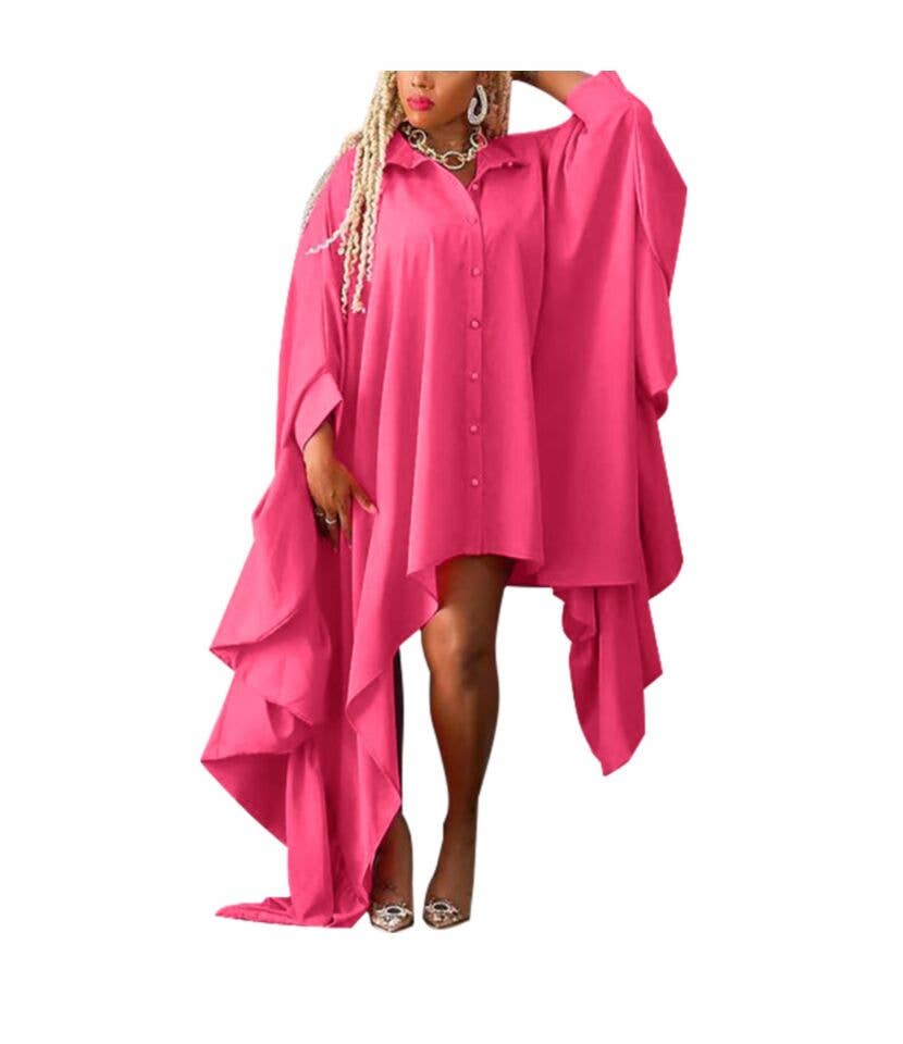 pinkblu02 - Wholesale Dress - Women's - Autumn Solid Color Blouse Irregular Bat Sleeve Dress3