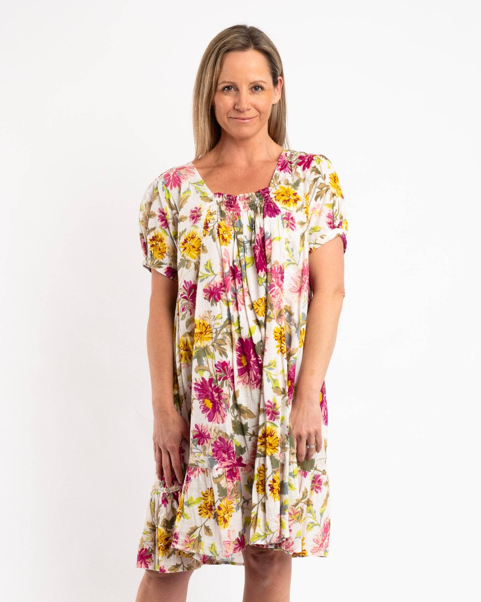 Mozaic by Euro Dreaming – wholesale Dress – Women's – Cap Sleeve Summer Dress In Fuchsia Lime Garden2