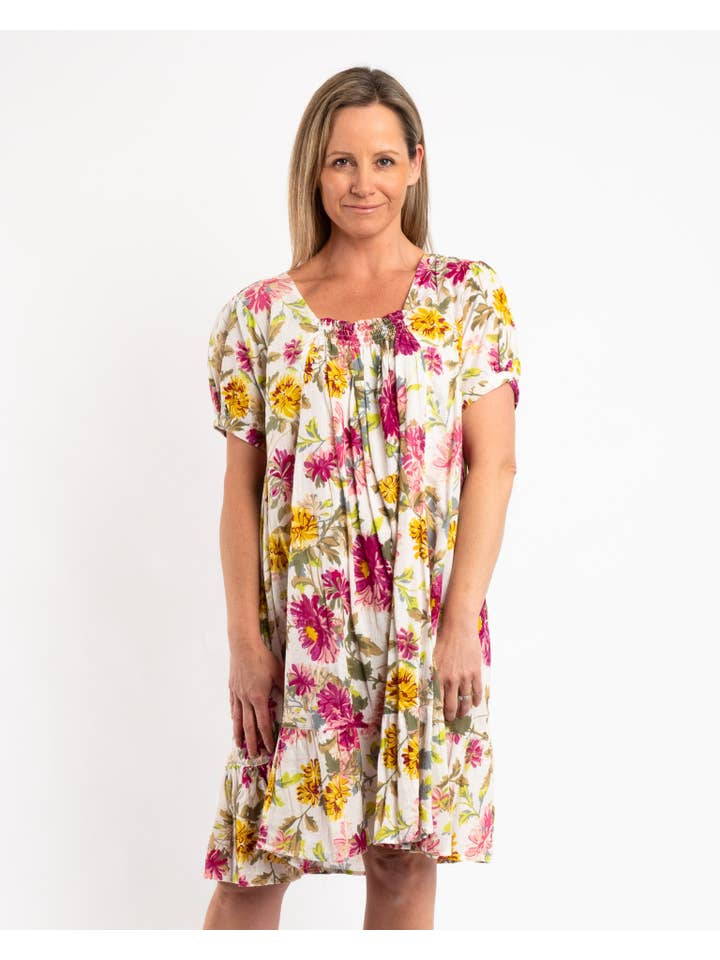 Mozaic by Euro Dreaming – wholesale Dress – Women's – Cap Sleeve Summer Dress In Fuchsia Lime Garden2