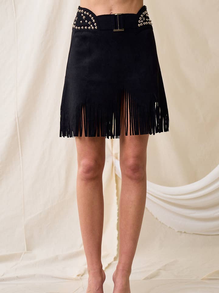 SIS1153B BLACK THIN SUEDE STUD SKIRT for wholesale by Saints & Hearts