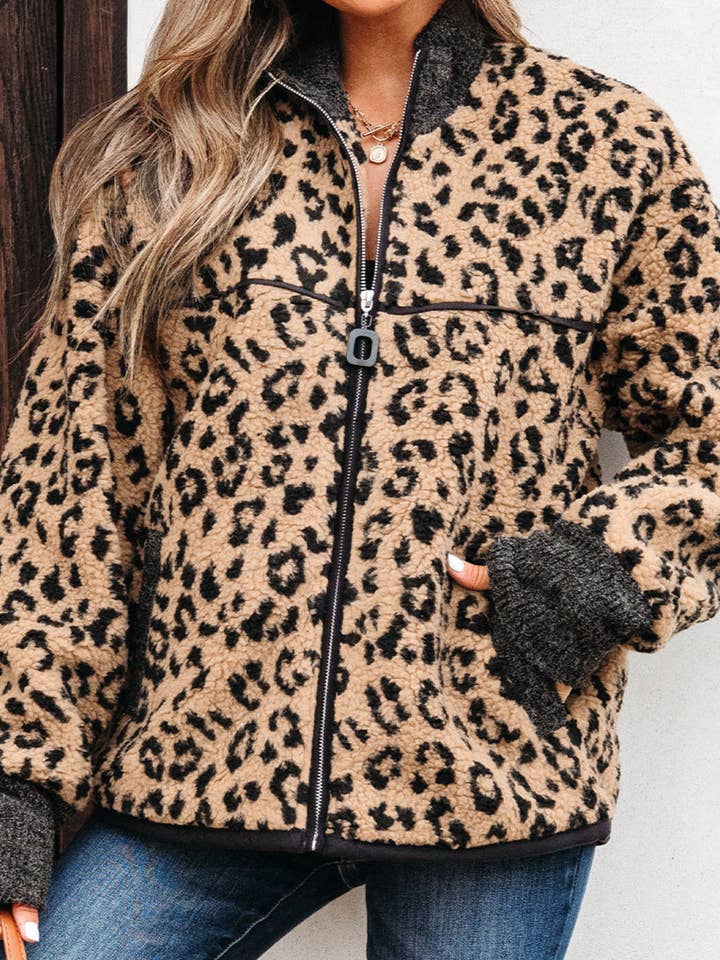 Khaki Leopard Zip-Up Side Pocket Jacket for wholesale on Faire3