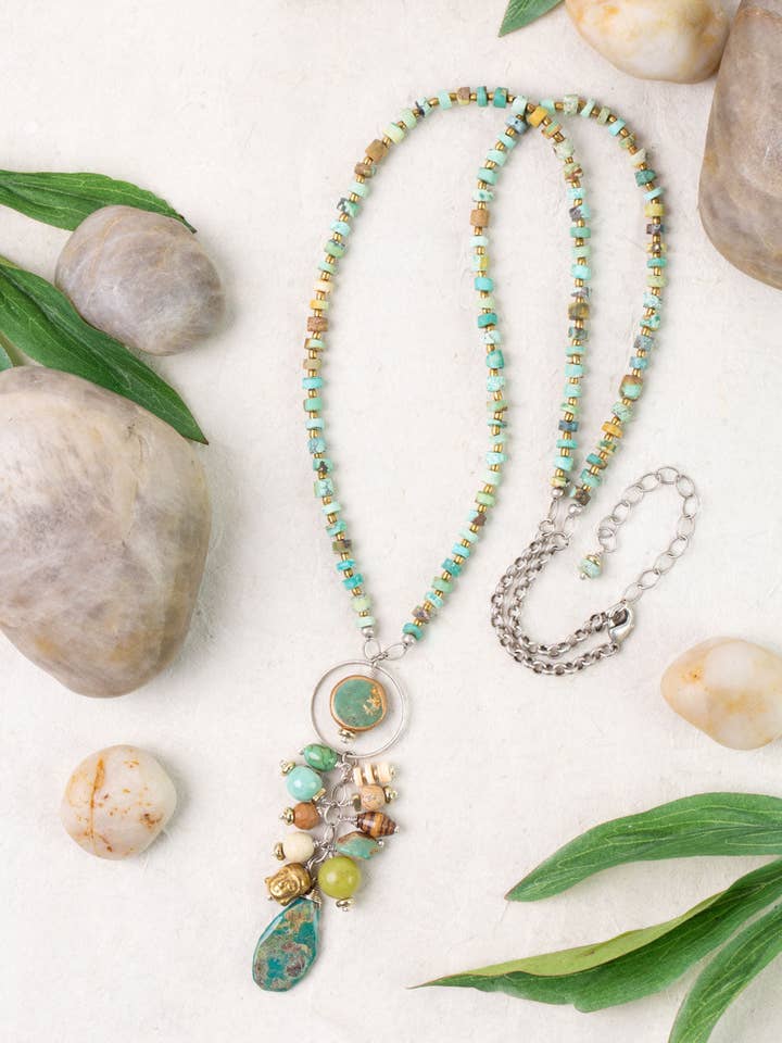 Remedy 26.5-28.5" Jade, Turquoise, Jasper Cluster Necklace for wholesale by Anne Vaughan Designs Jewelry