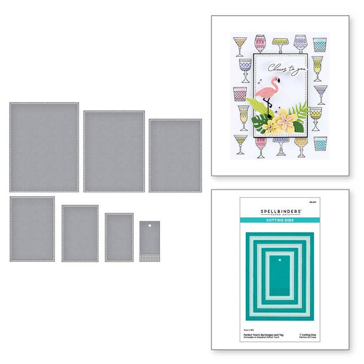 Matrices de découpe rectangles Perfect Touch et étiquettes gravées de la collection Happy Hour pour la vente par Hero Arts + Spellbinders Wholesale