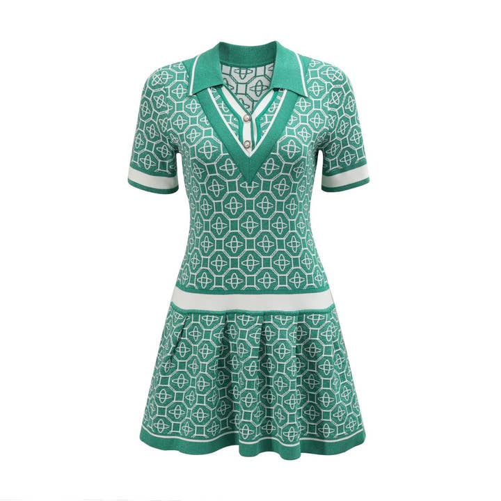 Verde Abito in Maglia 19Y con Bottoni di Perla e Finto Colletto Polo a V in vendita all'ingrosso su Faire3