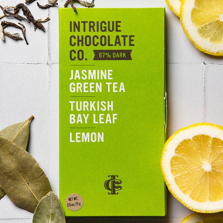 Intrigue Chocolate Co. - Wholesale Chocolate Bar - Jasmine Green Tea, Turkish Bay Leaf, Lemon Bar