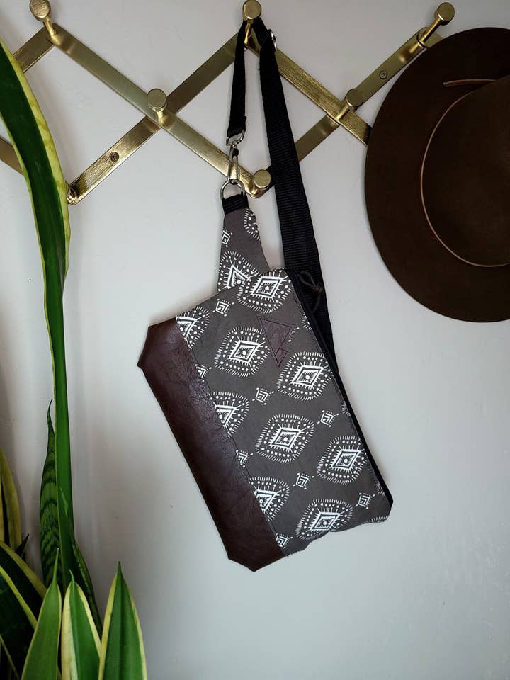 Sling Bag/Henna Print In Gray = Front and Back/Black Zipper for wholesale by 2nd Story Studio