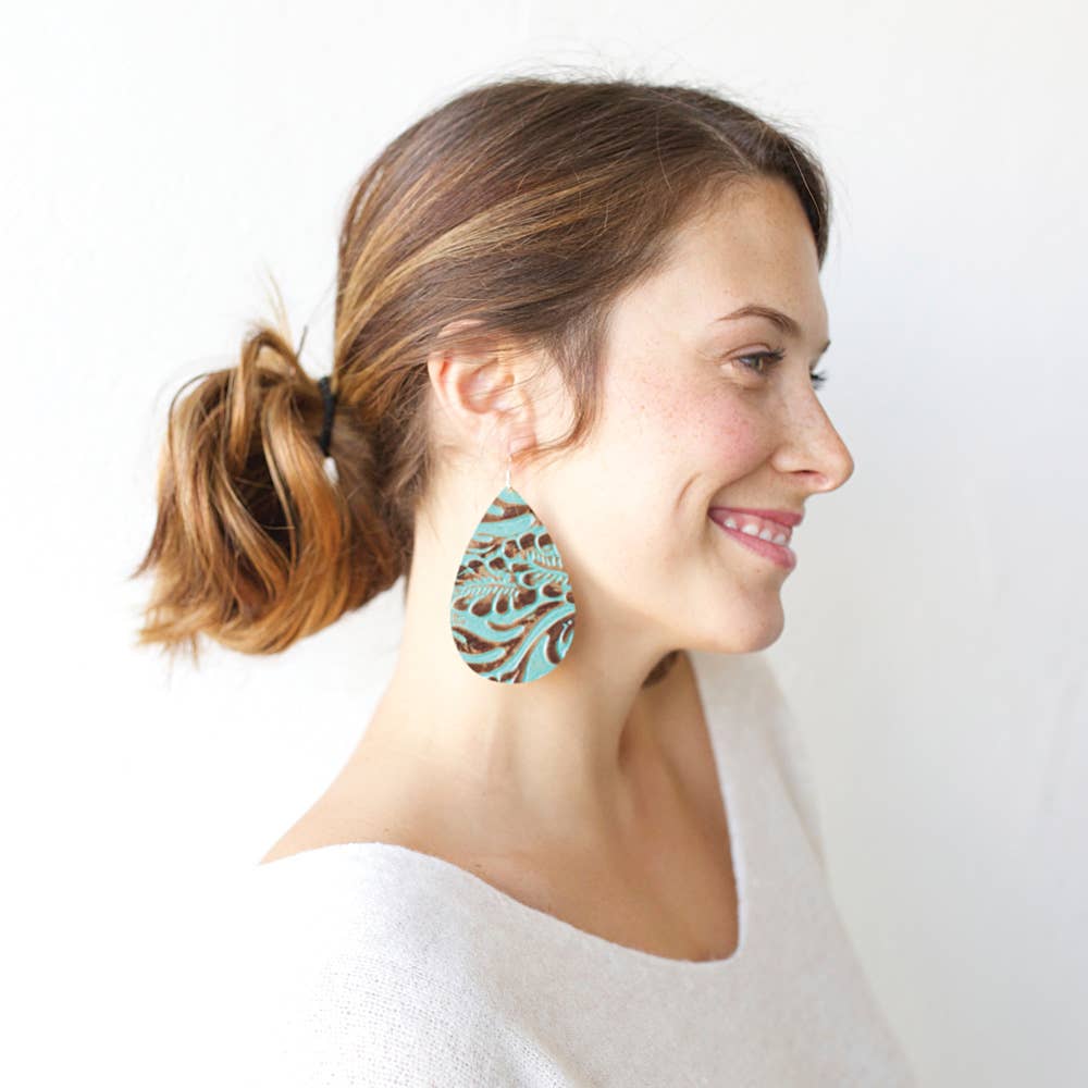 OneWild - Wholesale Dangle Earrings - Tooled Turquoise - The Drop Leather Earrings1