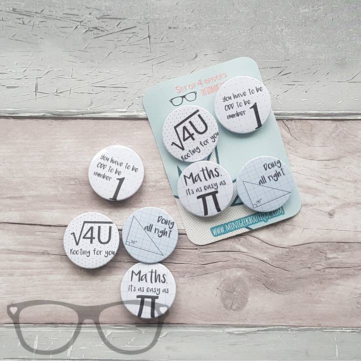 Math pun 4 x 38mm badge set for wholesale by Mini Geek Boutique