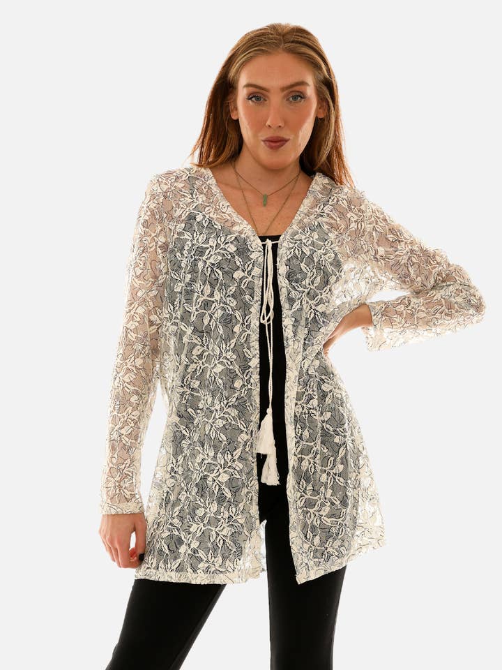 Cardigan de renda com padrão floral e frente aberta por atacado de Shoreline Wear. INC