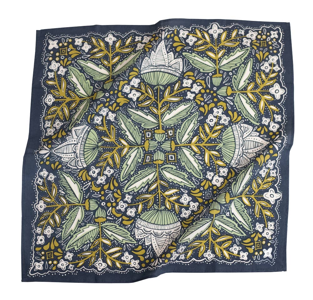 Handker Bandanas – Großhandel Bandana – Damen – No. 017 Amelia Bandana mit blauem Grund und gold-grünem Blumenmuster