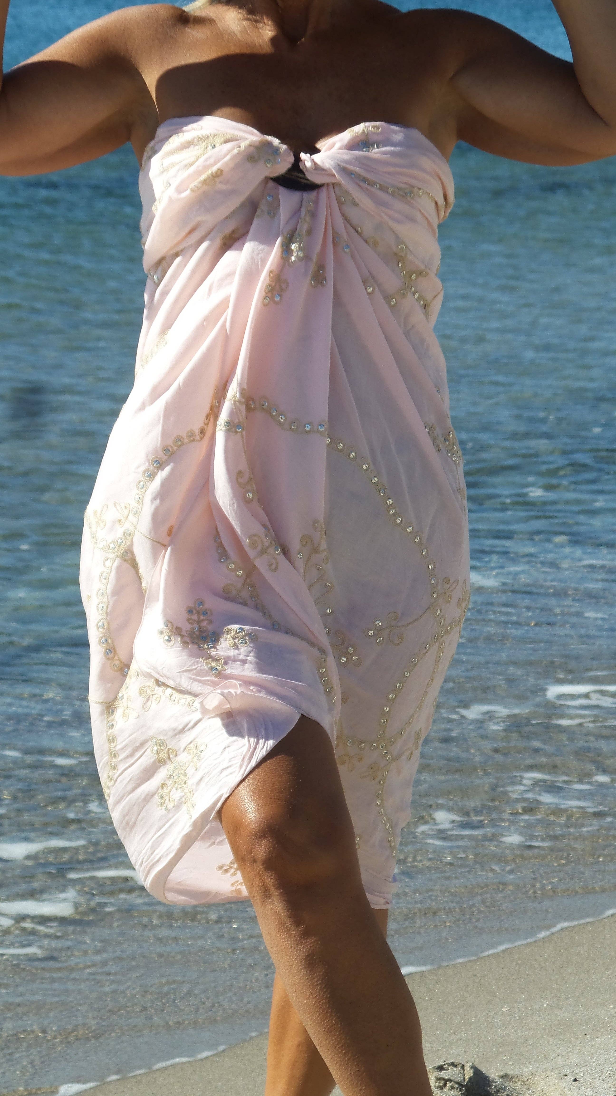 Ollie Burwell – wholesale Swim cover-up – Women’s – Sequin Sarong - Pale pink hand embroidered and  stitched  Sequin Sarong0