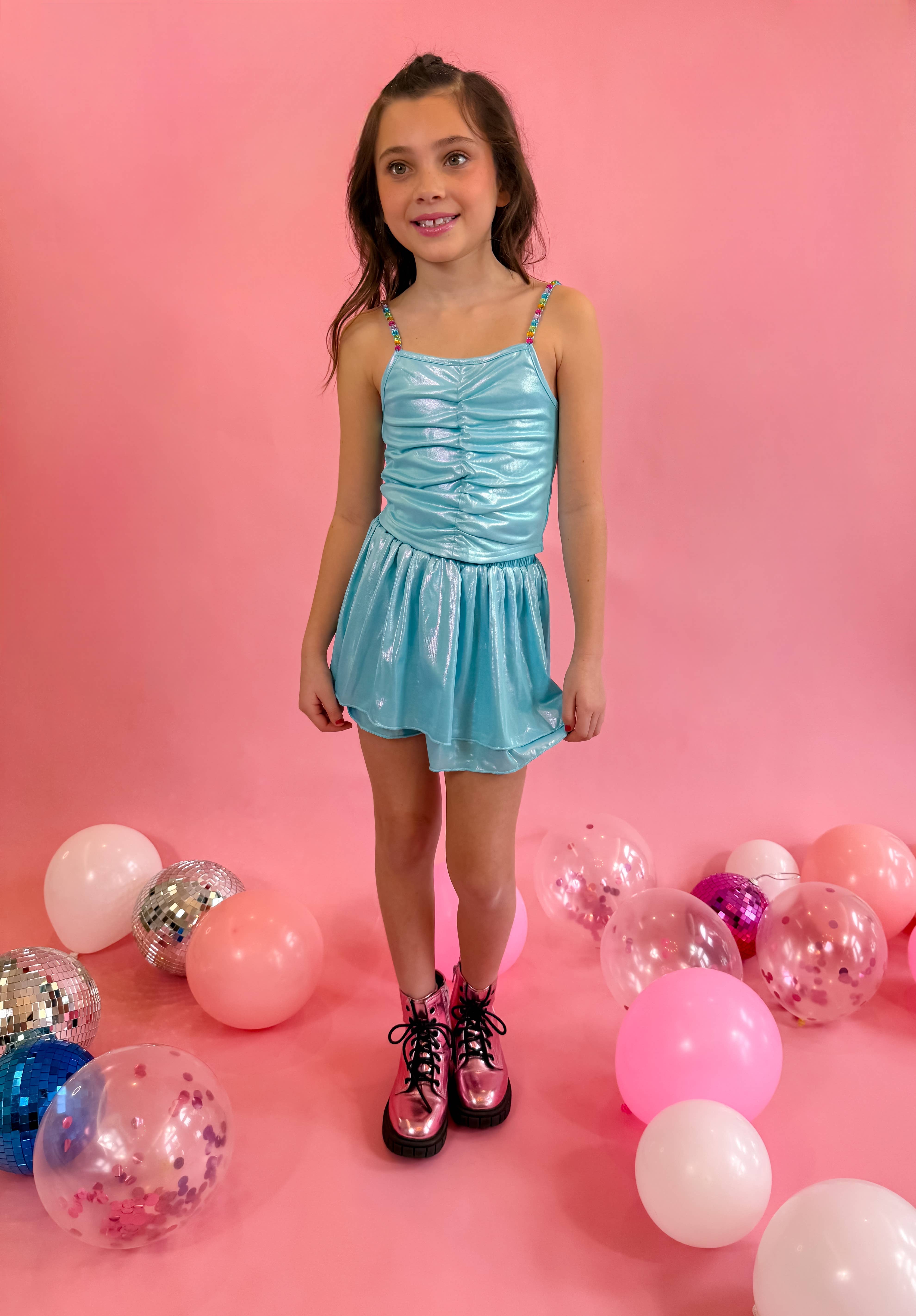 Ellie and Mila - Vente Ensemble haut et jupe – enfant - Ensemble jupe-short bleu métallisé3