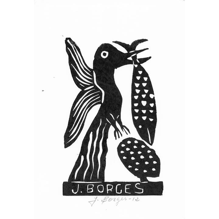Sm. J. Borges Woodblock Print, Bird w/ Fish #47, Brazil for wholesale by Tesoros Trading Company
