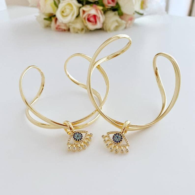 Evileyefavor - Venta al por mayor Pulseras tipo brazalete - Pulsera brazalete mal de ojo, brazalete ancho ajustable, brazalete dorado2