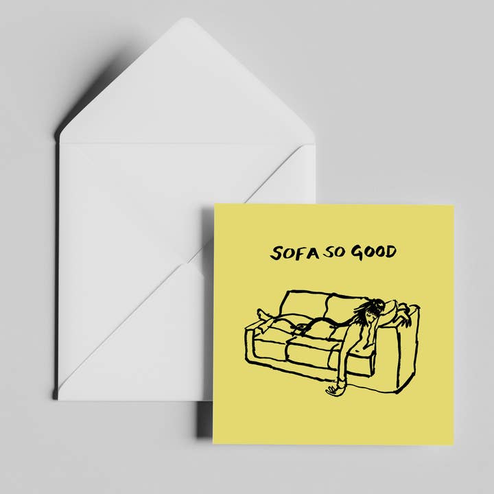 Sofa So Good, Greetings Card for wholesale by Megan Metcalf Studio