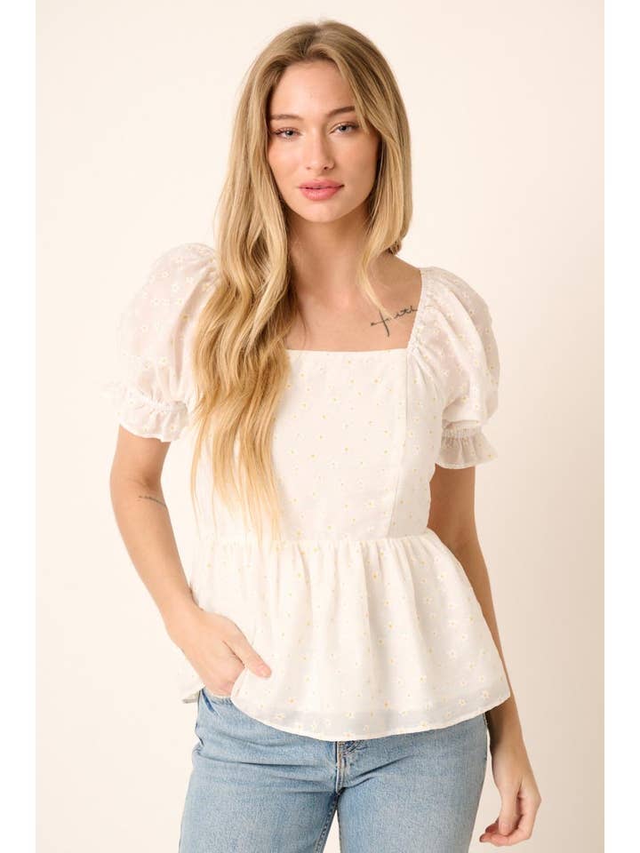 DAISY FLOWER PRINT PUFF SLEEVE PEPLUM BLOUSE for wholesale by mittoshop