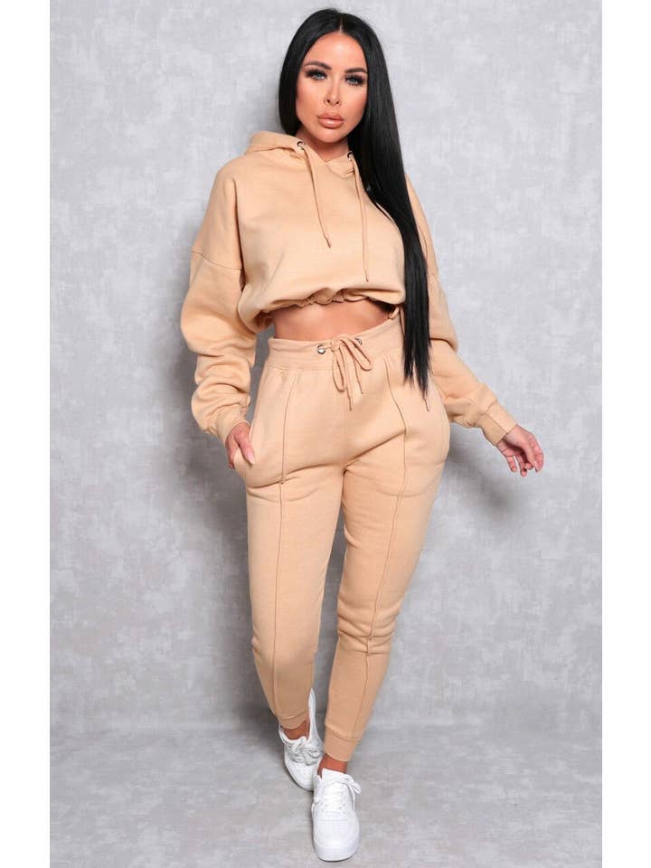 Femme Luxe – Conjuntos Casual - Mulher por atacado – Conjunto de Loungewear Camel Boxy com capuz cortado com punhos e punhos - Ca3