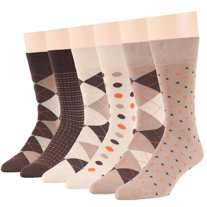 Men's Cotton Polka Dot Crew Socks - 6 Pack - Beige for wholesale by 7Bigstars Kingdom
