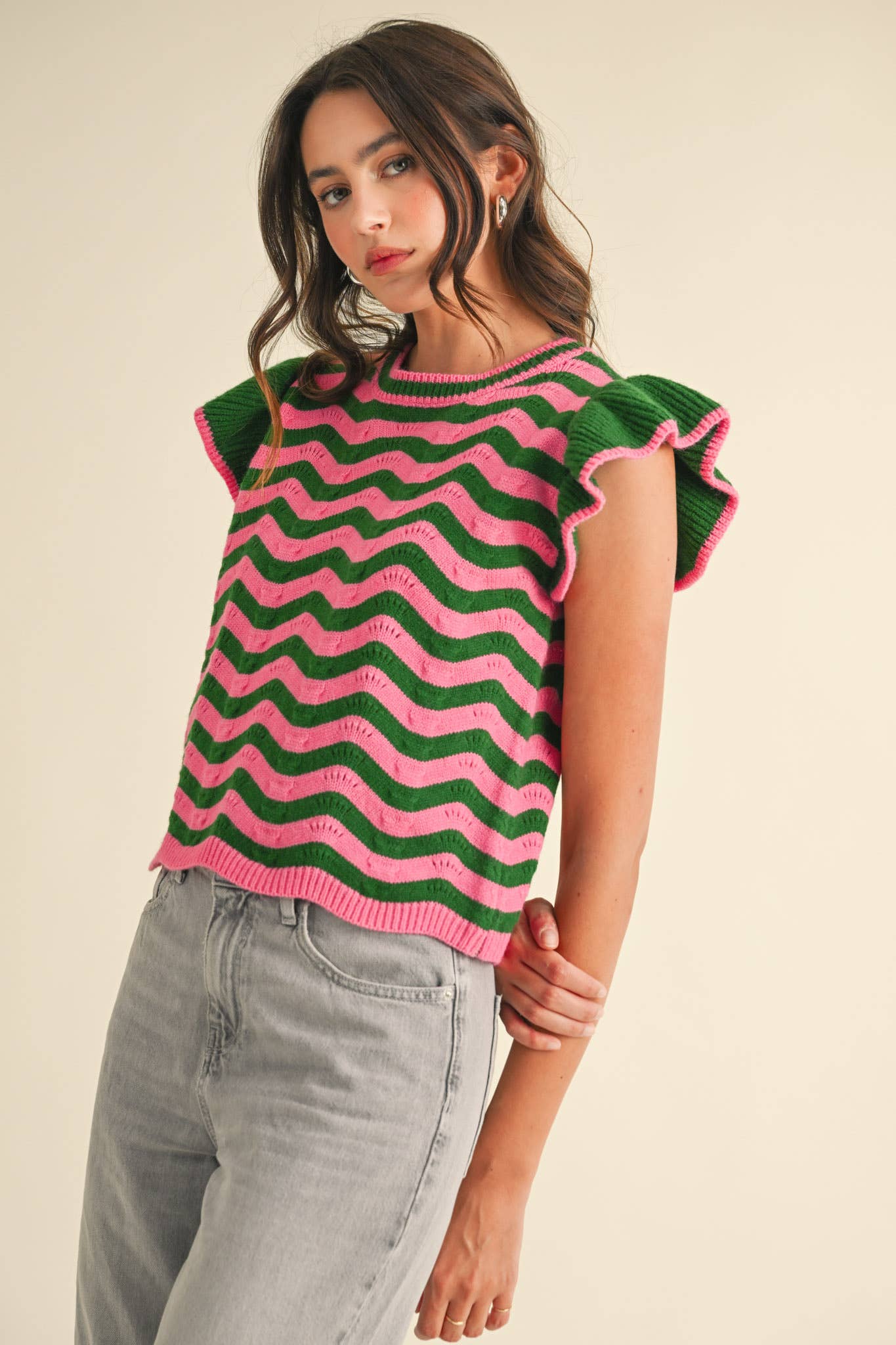 &MERCI - Wholesale Knit Sweater - Women's - WAVY STRIPES FLUTTER SLEEVE SWEATER TOP MSW1050940