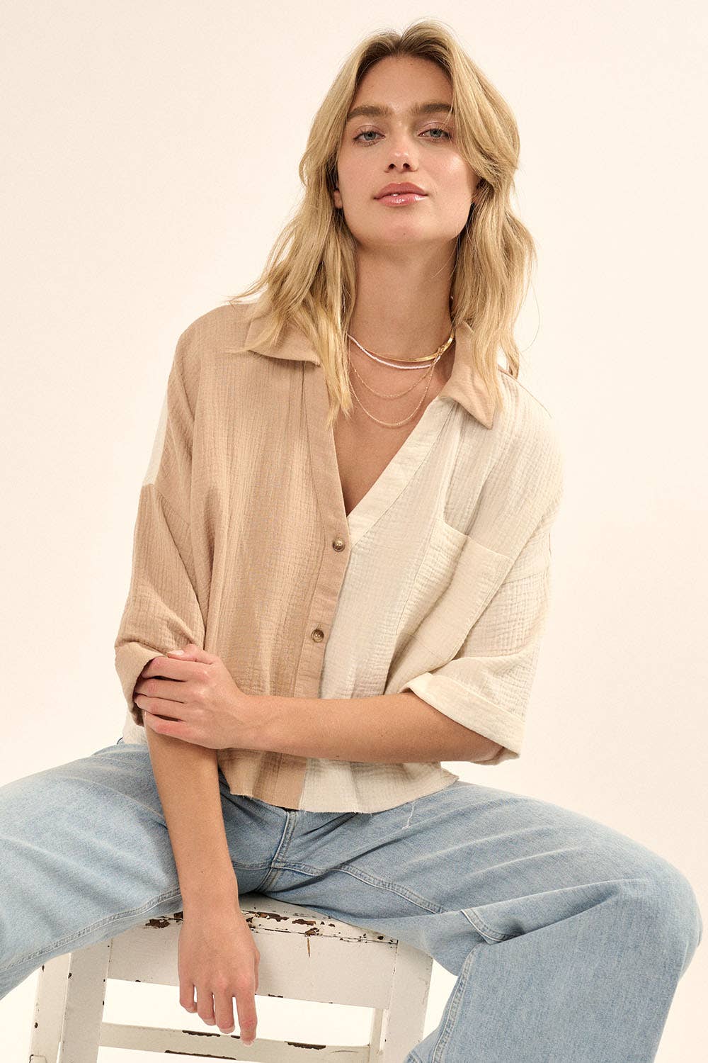 Promesa USA - Vendita all'ingrosso Camicia button down - Donna - Camicia con orlo grezzo in cotone increspato a blocchi di colore20